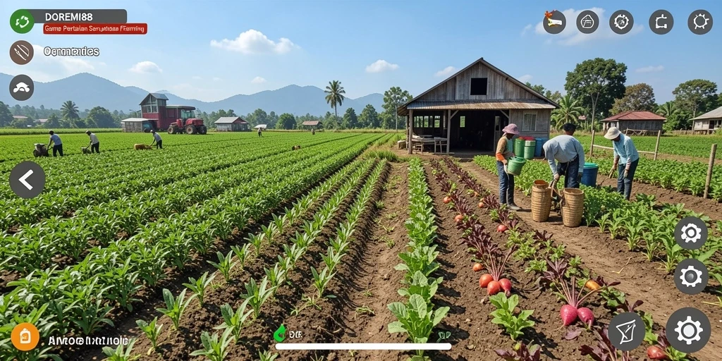 Screenshot gameplay DOREMI88 menampilkan ladang yang indah dan hewan ternak.