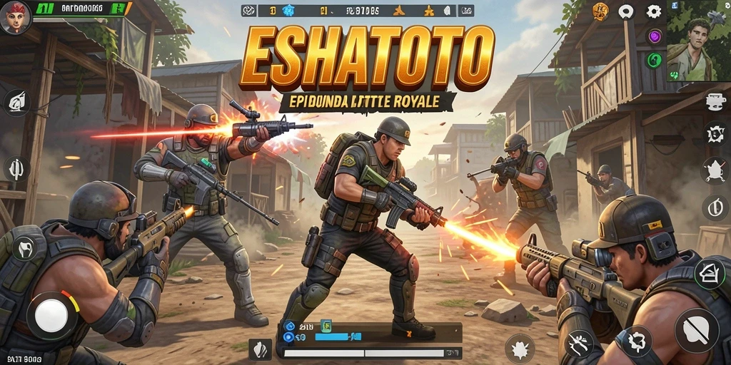 Screenshot gameplay ESHATOTO menampilkan aksi intens dalam pertempuran Battle Royale.