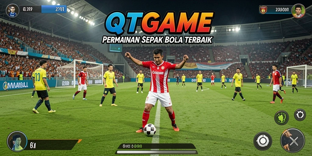 Tampilan screenshot QTGAME menampilkan aksi pertandingan sepak bola yang seru.