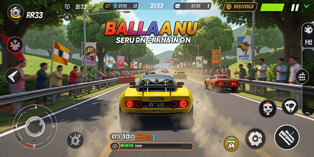 Screenshot gameplay RR33 menunjukkan aksi balap yang mendebarkan.