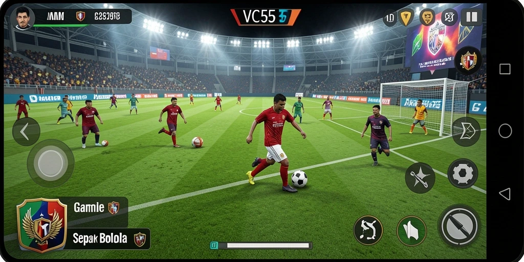 Screenshot VC55 menampilkan aksi seru dalam pertandingan sepak bola.