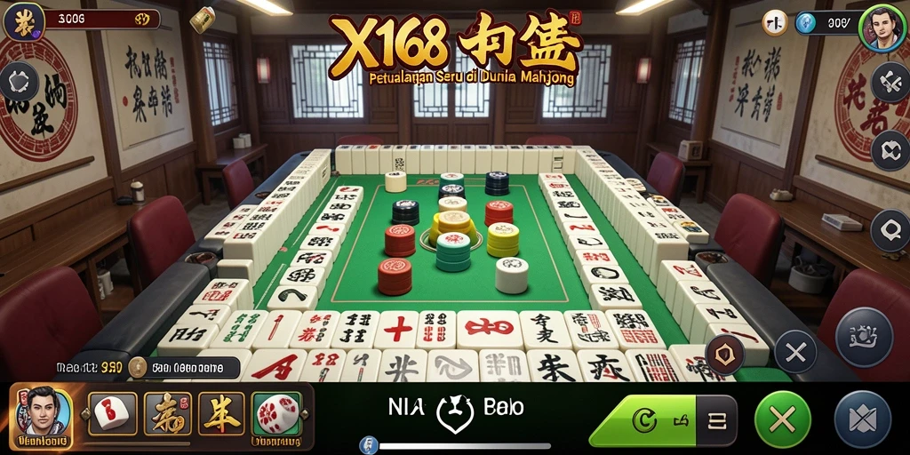 Tampilan gameplay X168 yang menawan dengan ubin Mahjong berwarna-warni.