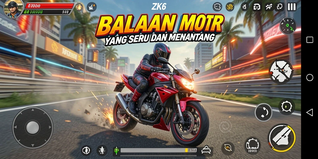 Tampilan gameplay balapan motor yang seru dan mendebarkan.